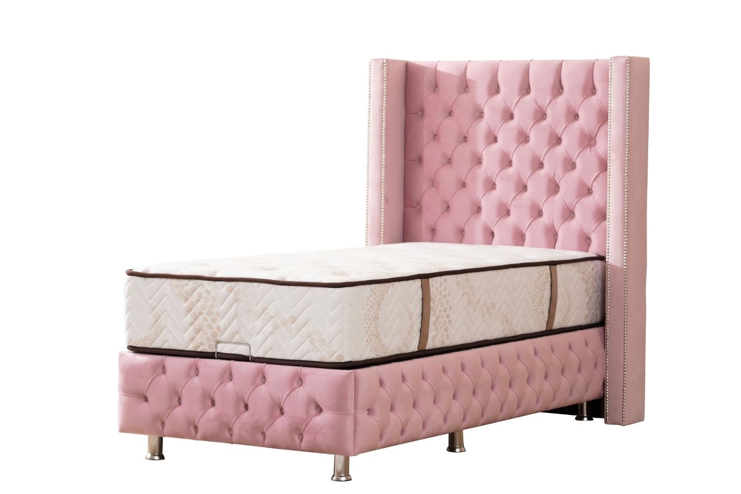 Lit Coffre Enfant CLOUTE Velours Rose